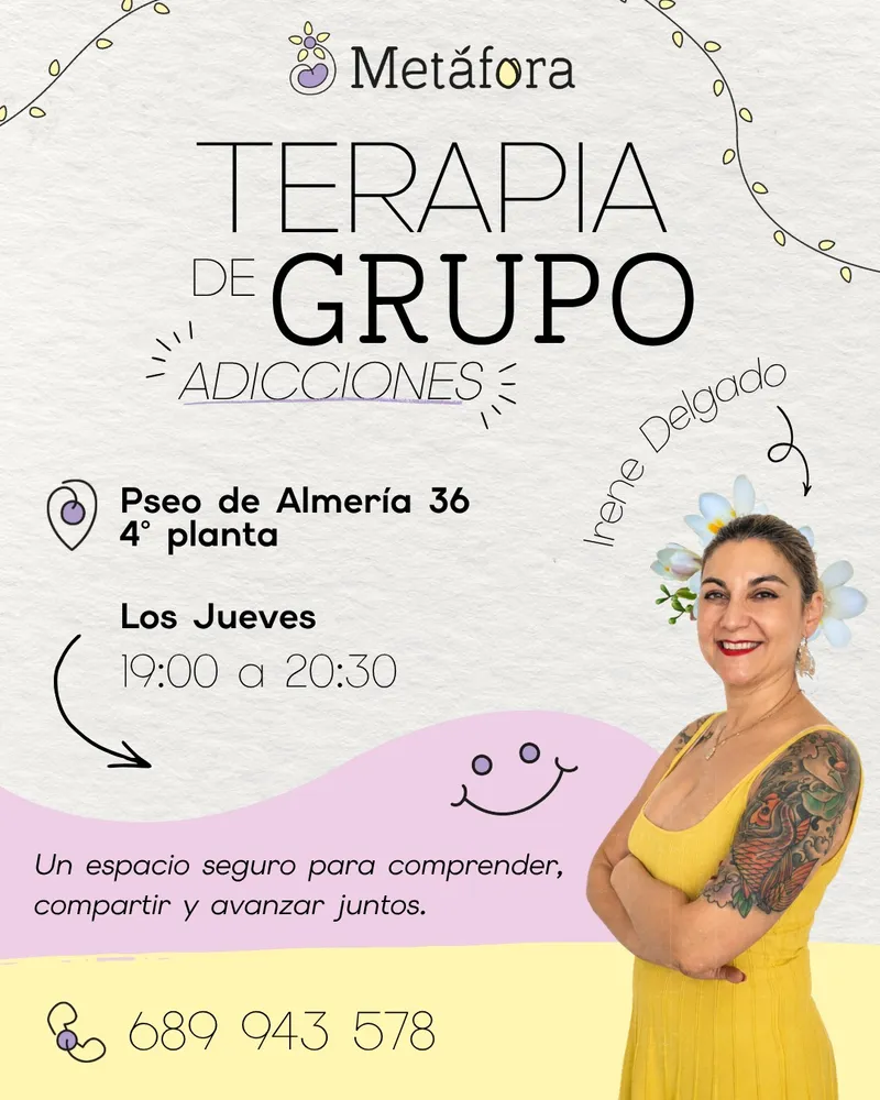 Cartel de Terapia de grupo: adicciones, impartido por Irene Delgado